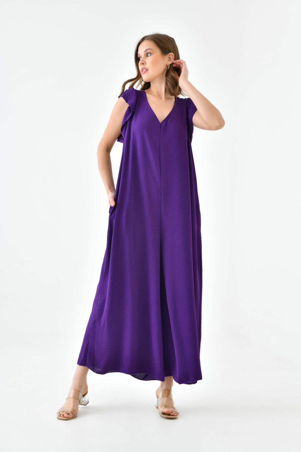 Oversized Back Detailed Ruffle Sleeve V Neck Jumpsuit With Wide Leg In Purple 0689JUMPSUITPURPLE