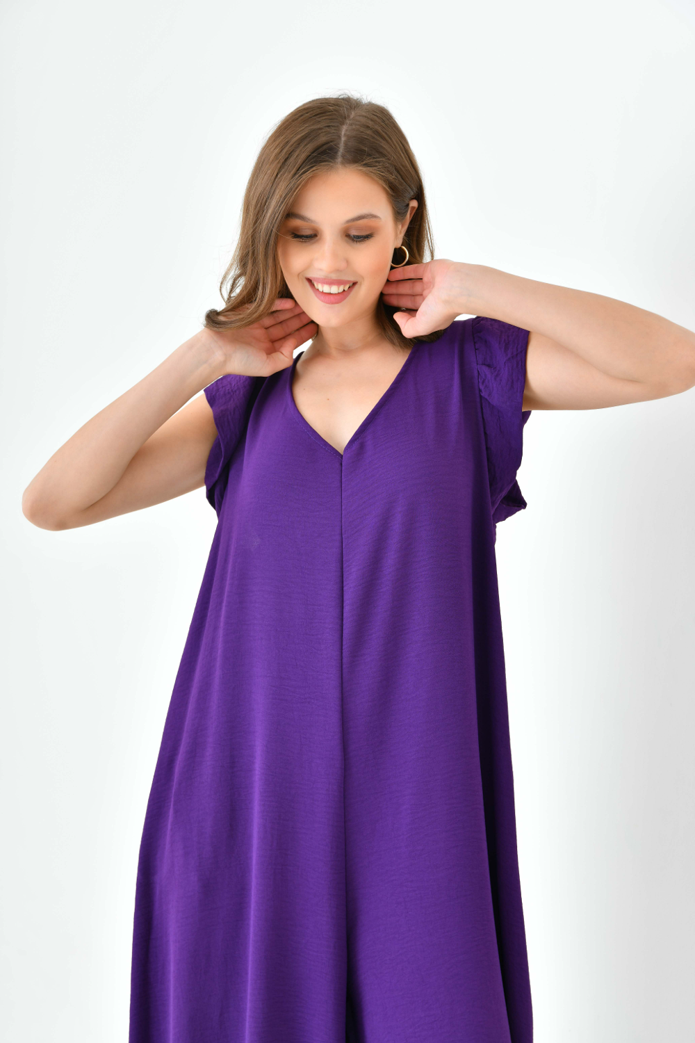 Oversized Back Detailed Ruffle Sleeve V Neck Jumpsuit With Wide Leg In Purple 0689JUMPSUITPURPLE
