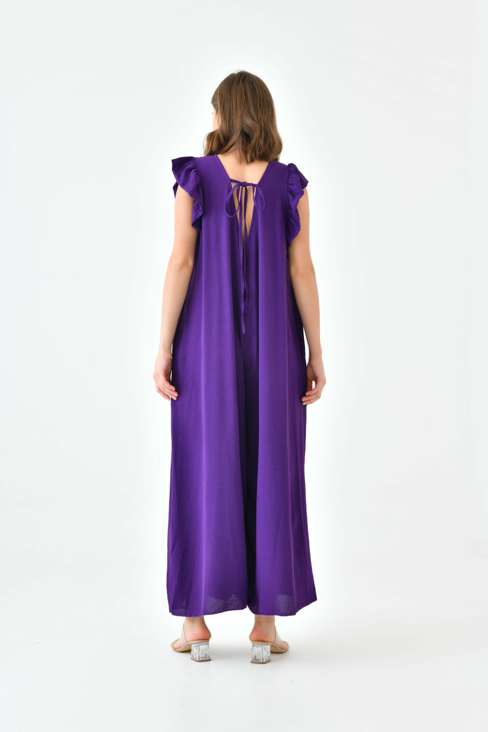 Oversized Back Detailed Ruffle Sleeve V Neck Jumpsuit With Wide Leg In Purple 0689JUMPSUITPURPLE