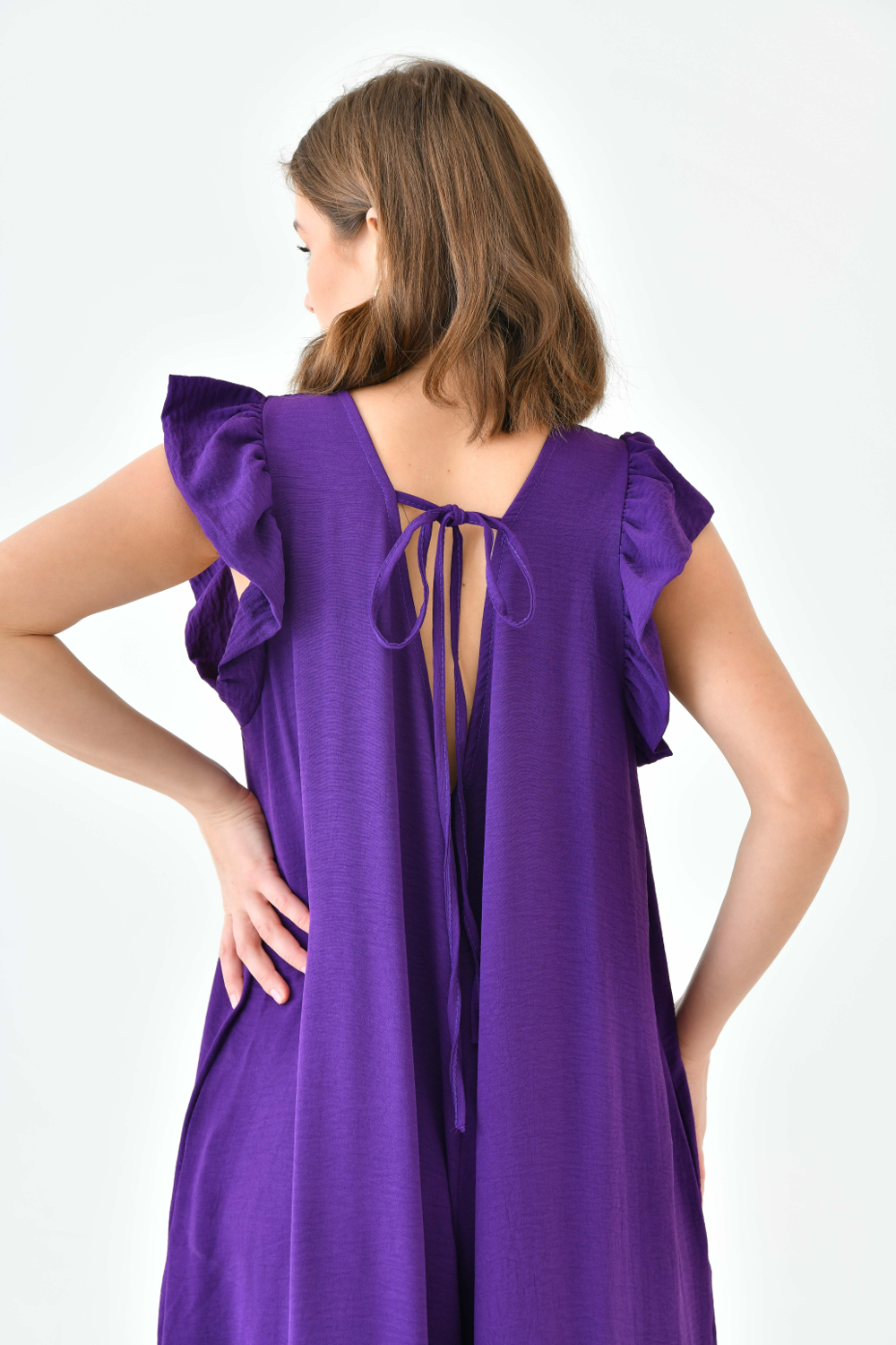 Oversized Back Detailed Ruffle Sleeve V Neck Jumpsuit With Wide Leg In Purple 0689JUMPSUITPURPLE