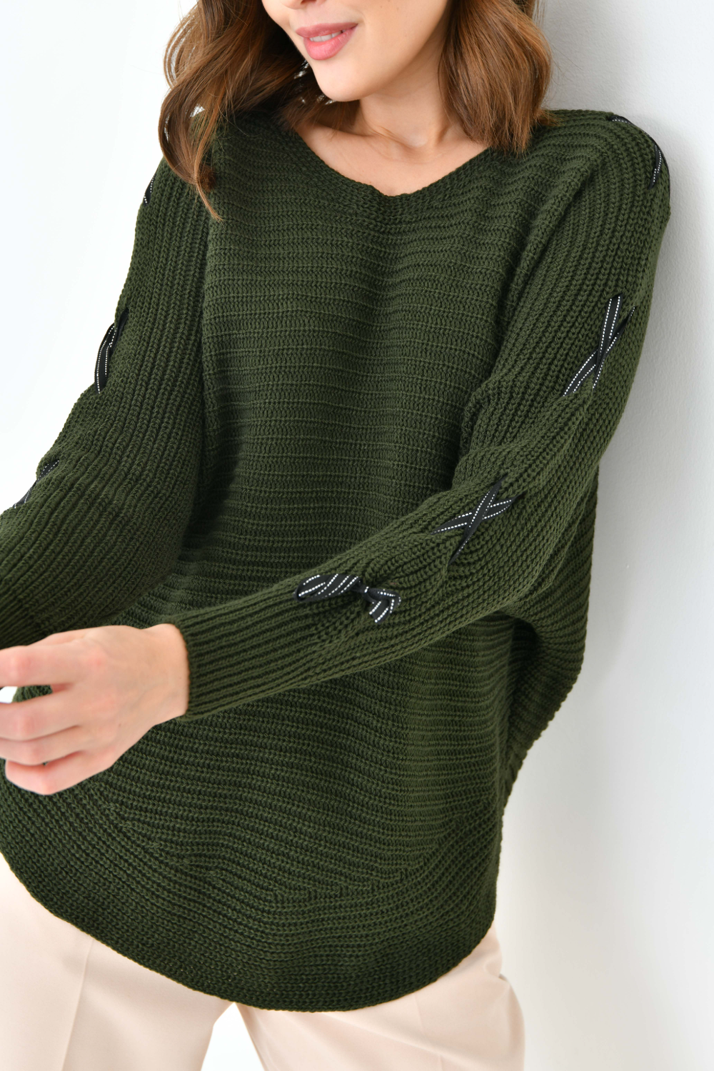Oversized Long Sleeve Knitted Jumper With Ribbon Details In Khaki 0754JUMPERKHAKI