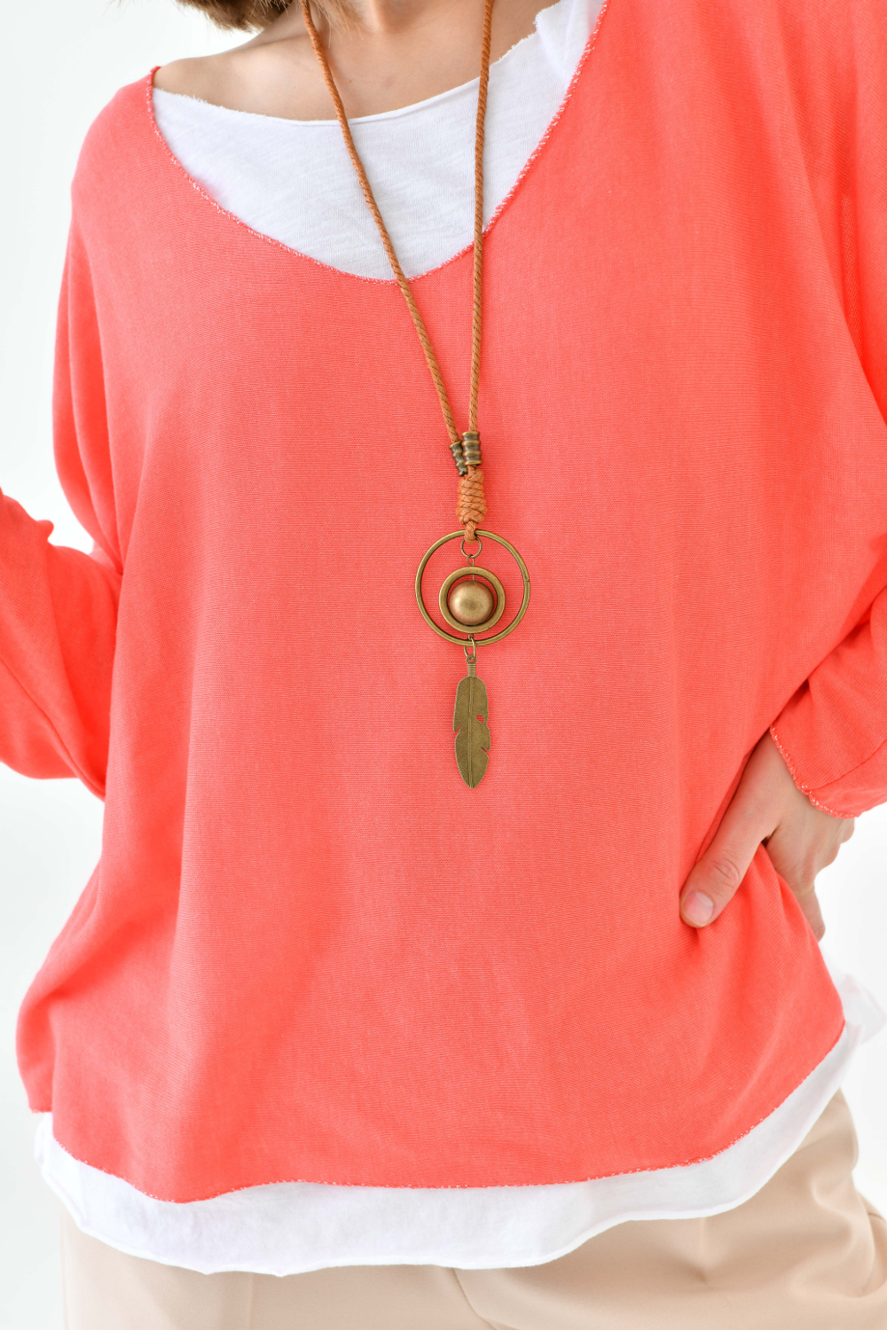 Oversized Long Sleeve Layered Blouse With Necklace In Coral And White 0172BLOUSECORALNECKLACE