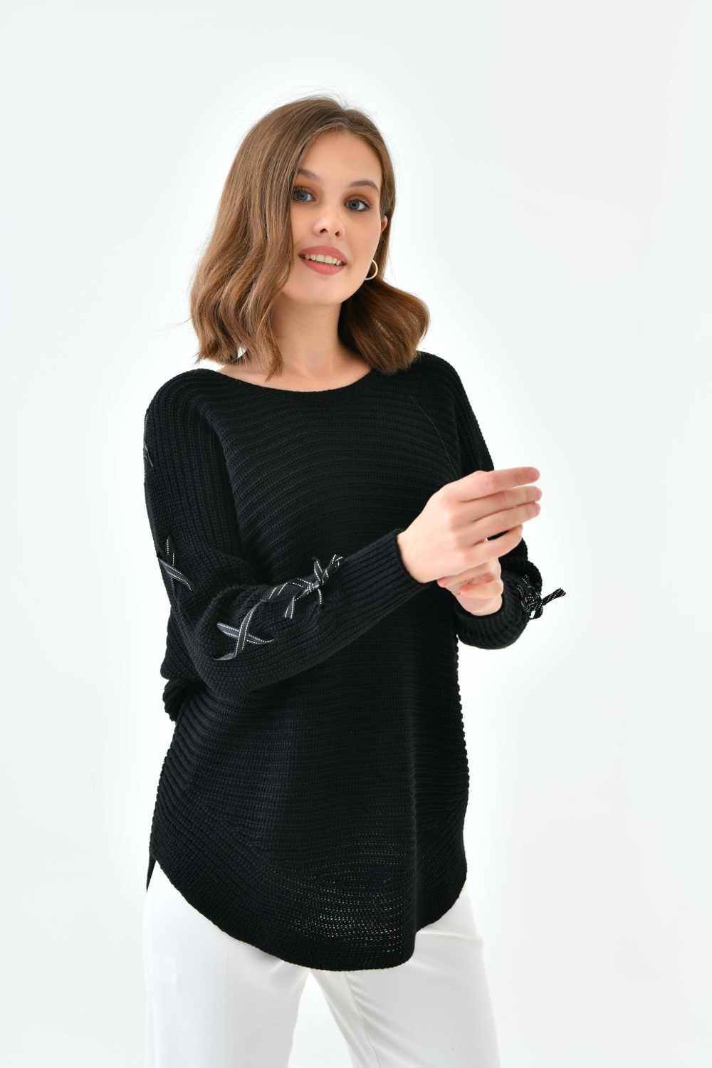 Oversized Long Sleeve Knitted Jumper With Ribbon Details In Black 0754JUMPERBLACK