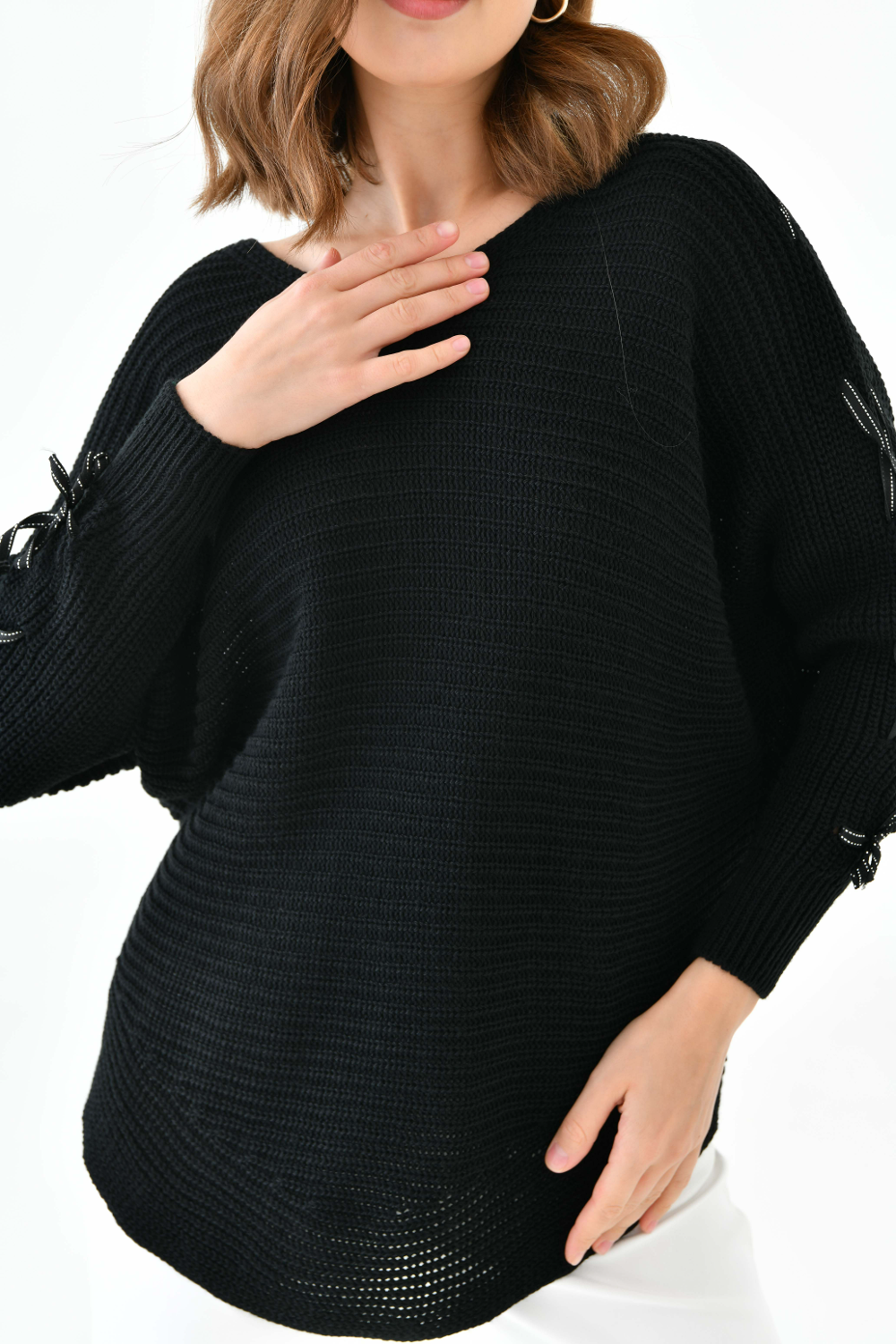 Oversized Long Sleeve Knitted Jumper With Ribbon Details In Black 0754JUMPERBLACK