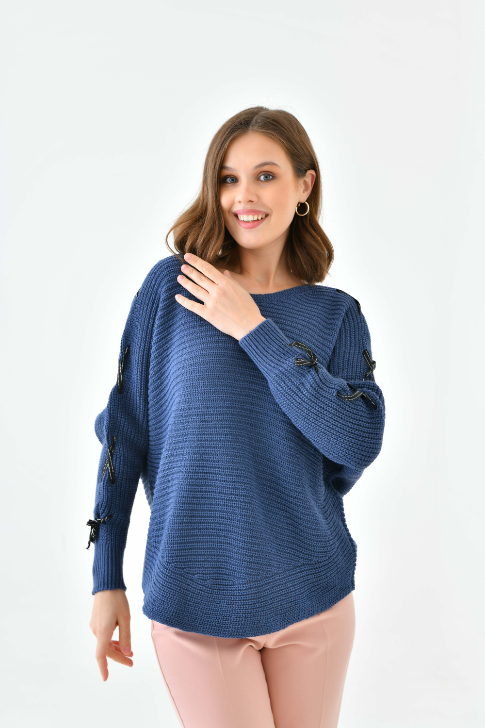 Oversized Long Sleeve Knitted Jumper With Ribbon Details In Navy 0754JUMPERNAVY