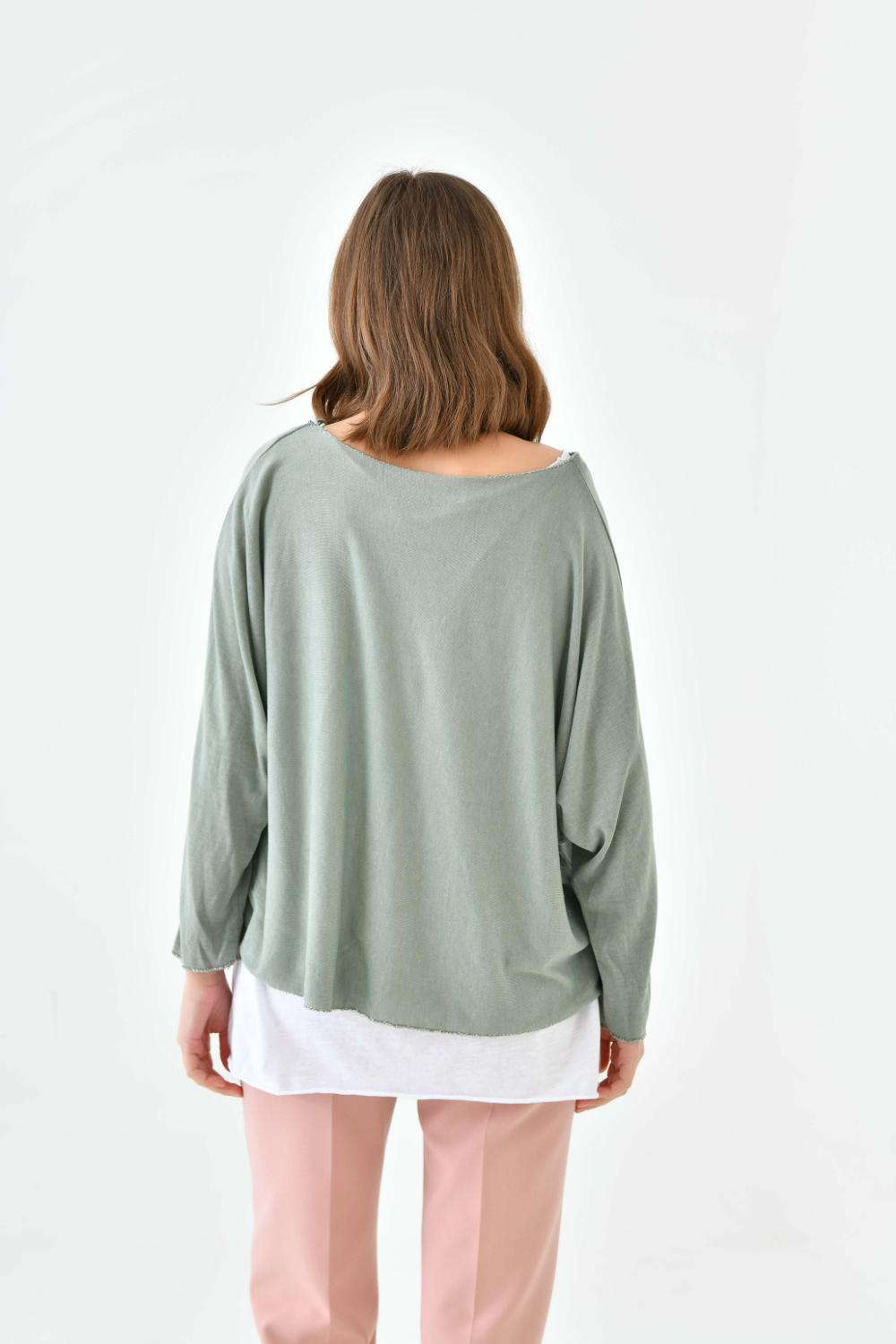 Oversized Long Sleeve Layered Blouse With Necklace In Green And White 0172BLOUSEGREENNECKLACE