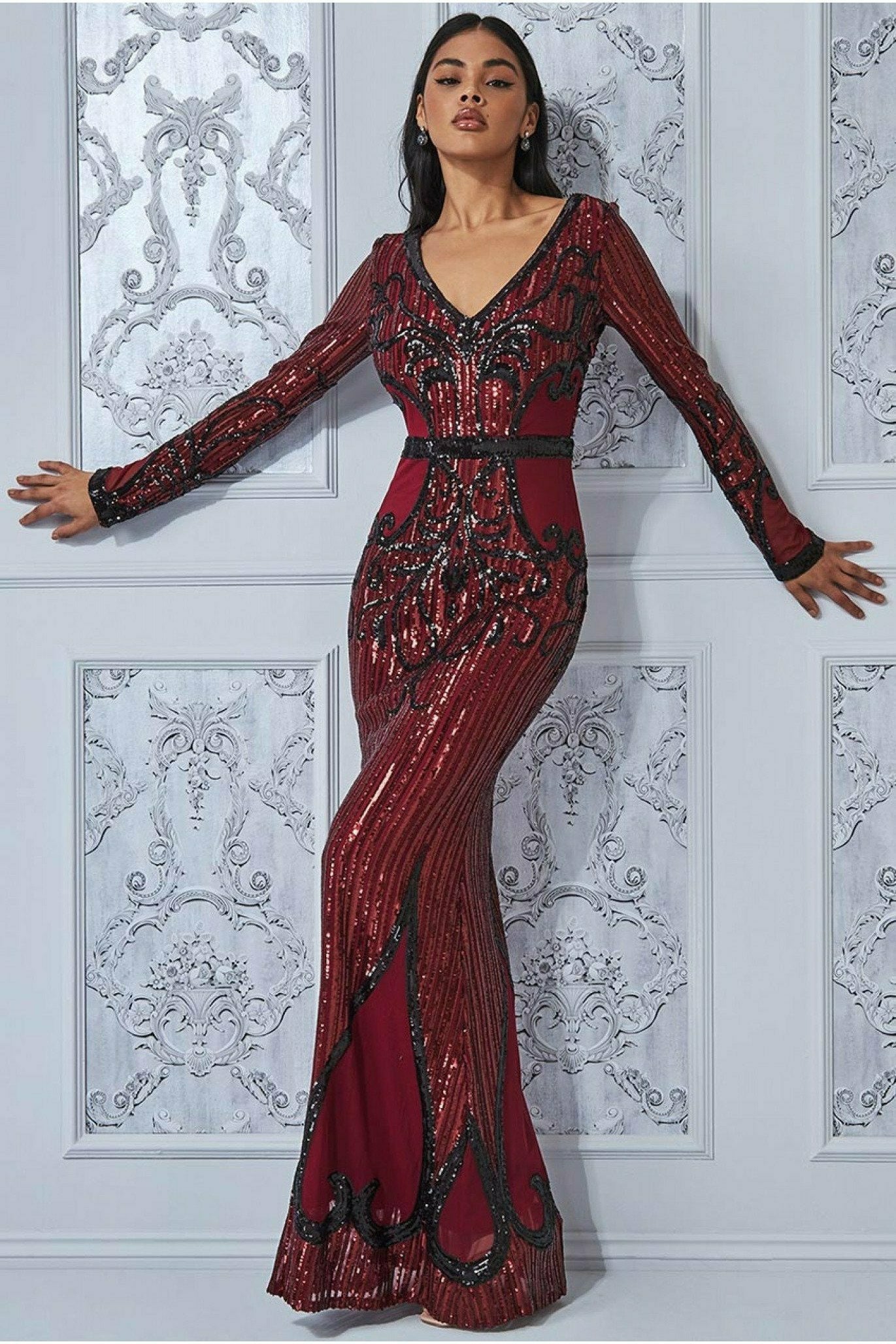 Sequin & Mesh Embroidered Maxi - Wine DR3235