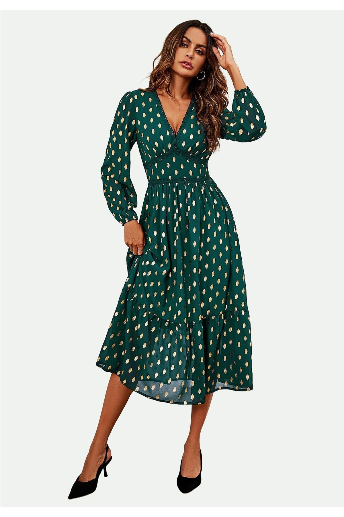 Lace Trim Foil Long Sleeve Maxi Dress In Green FS565-GG