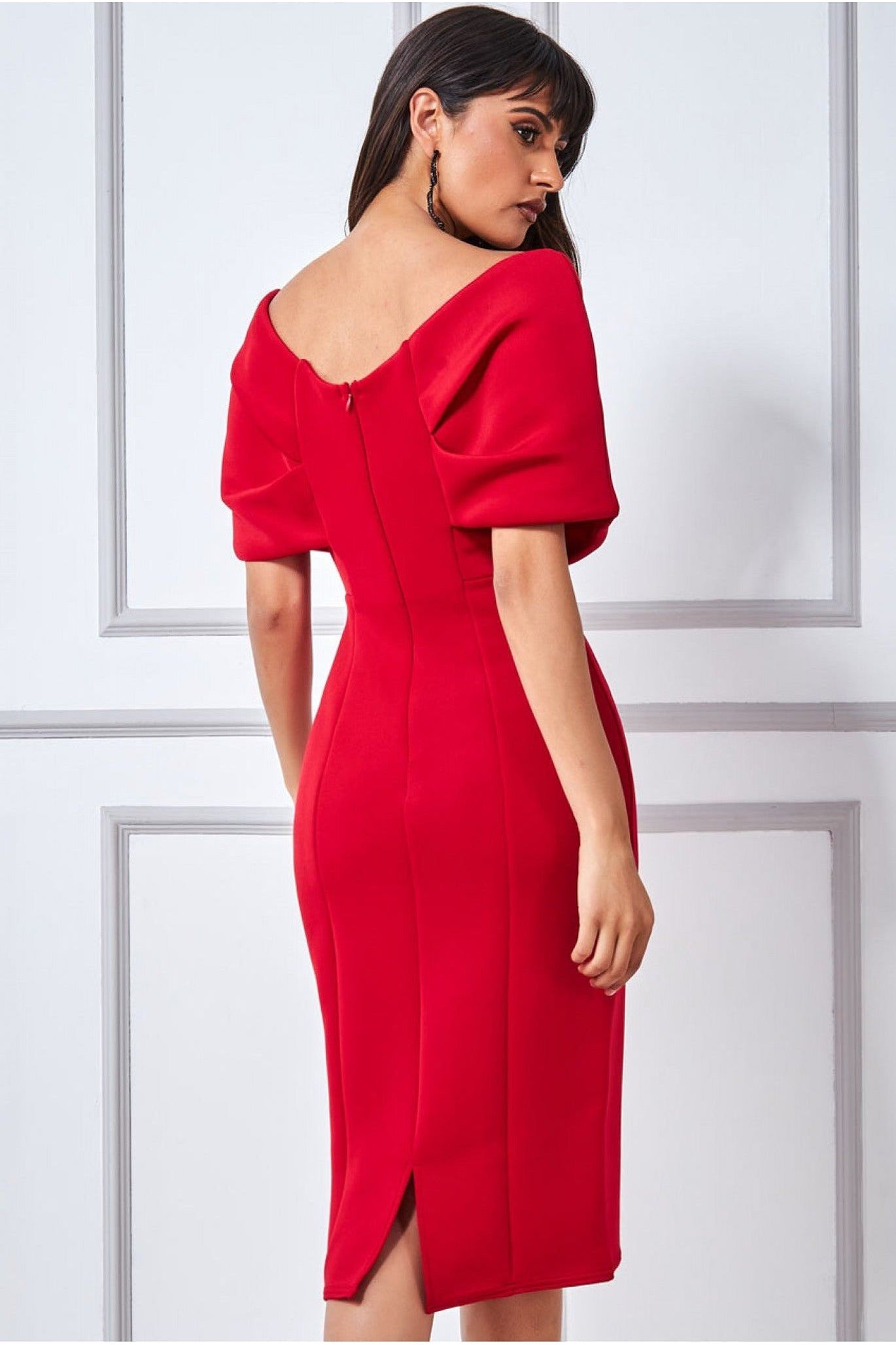 Off The Shoulder Scuba Foam Midi Dress - Red DR3451