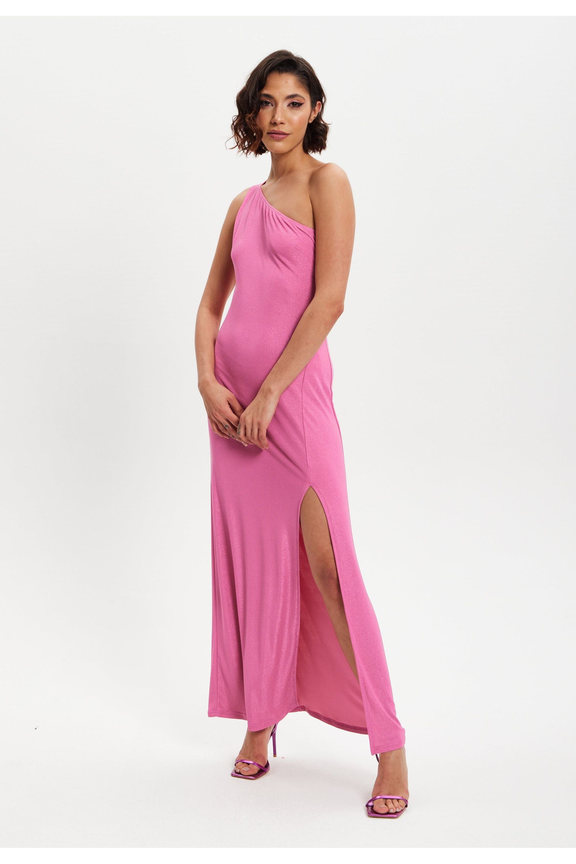 Pink Lurex One Shoulder Jersey Maxi Dress With Long Slit H1-DML015-B