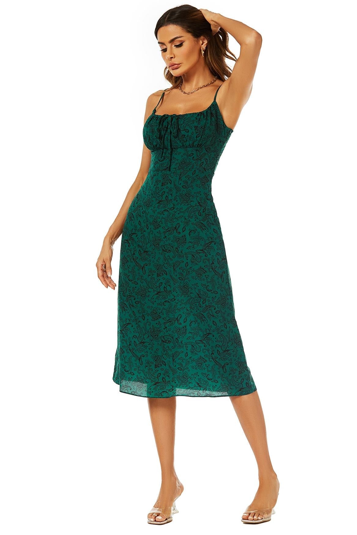 Scoop Neckline Strappy Midi Dress With Keyhole In Green FS570
