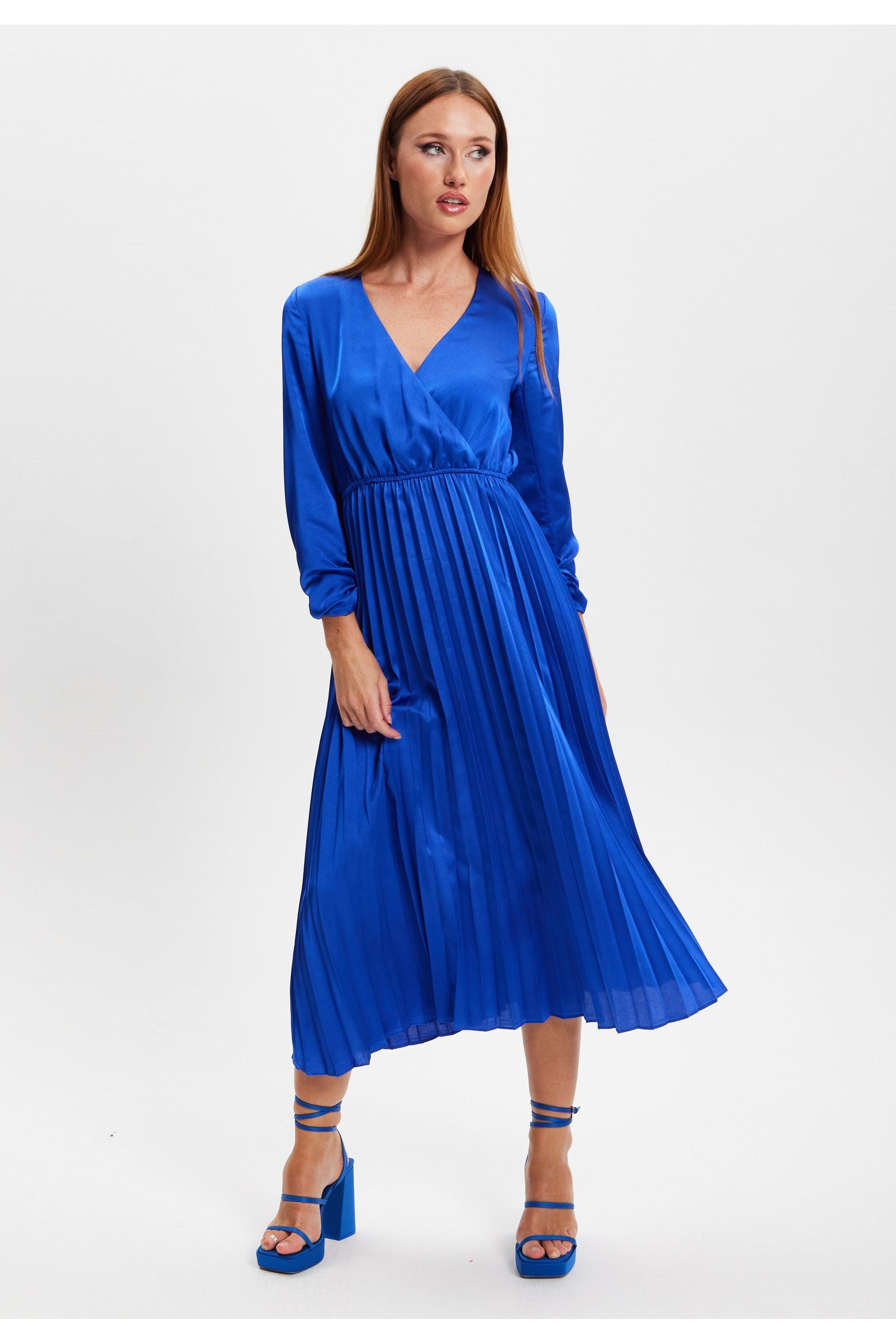 Royal Blue Midi Dress With Pleat Details EH1908Blue