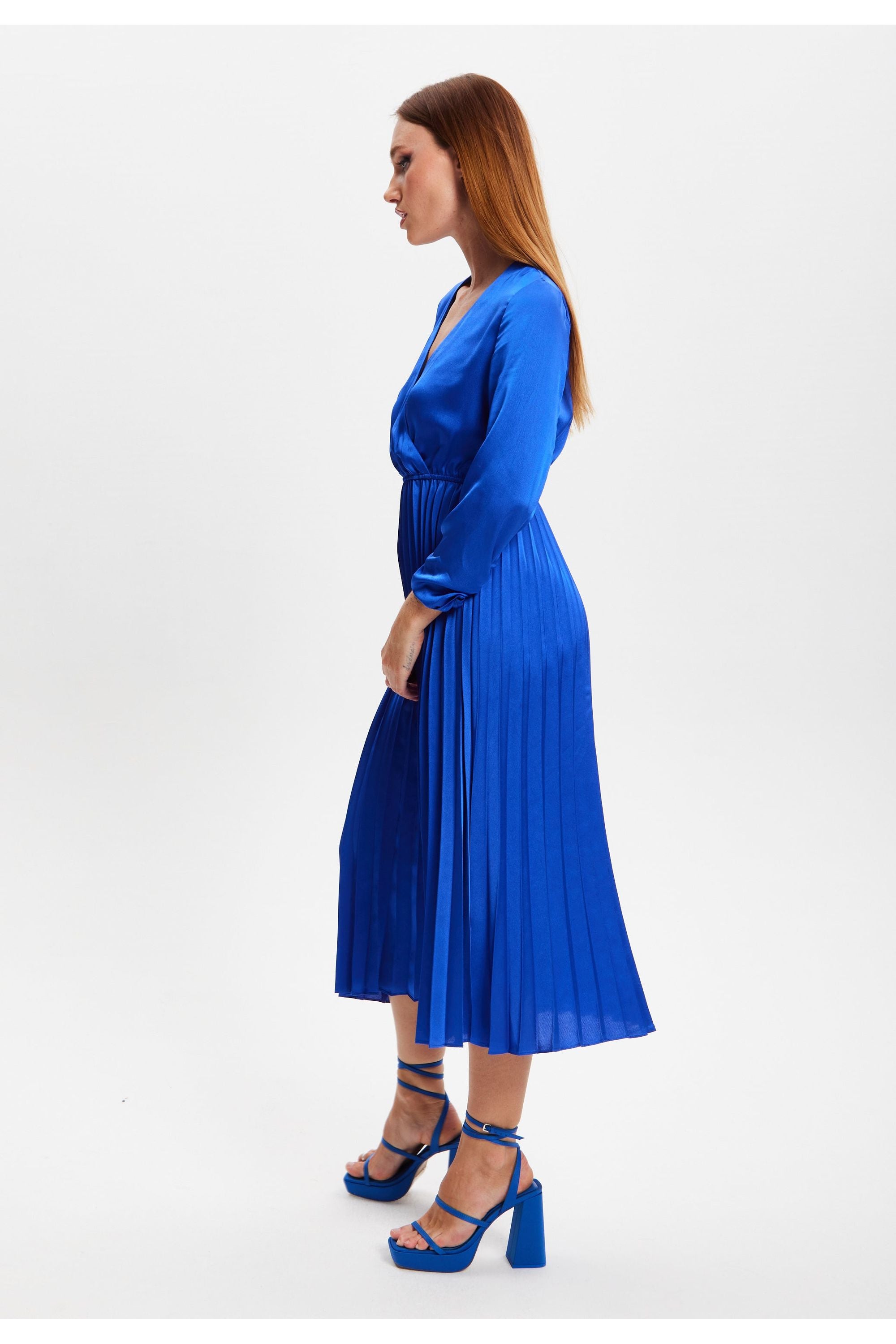 Royal Blue Midi Dress With Pleat Details EH1908Blue