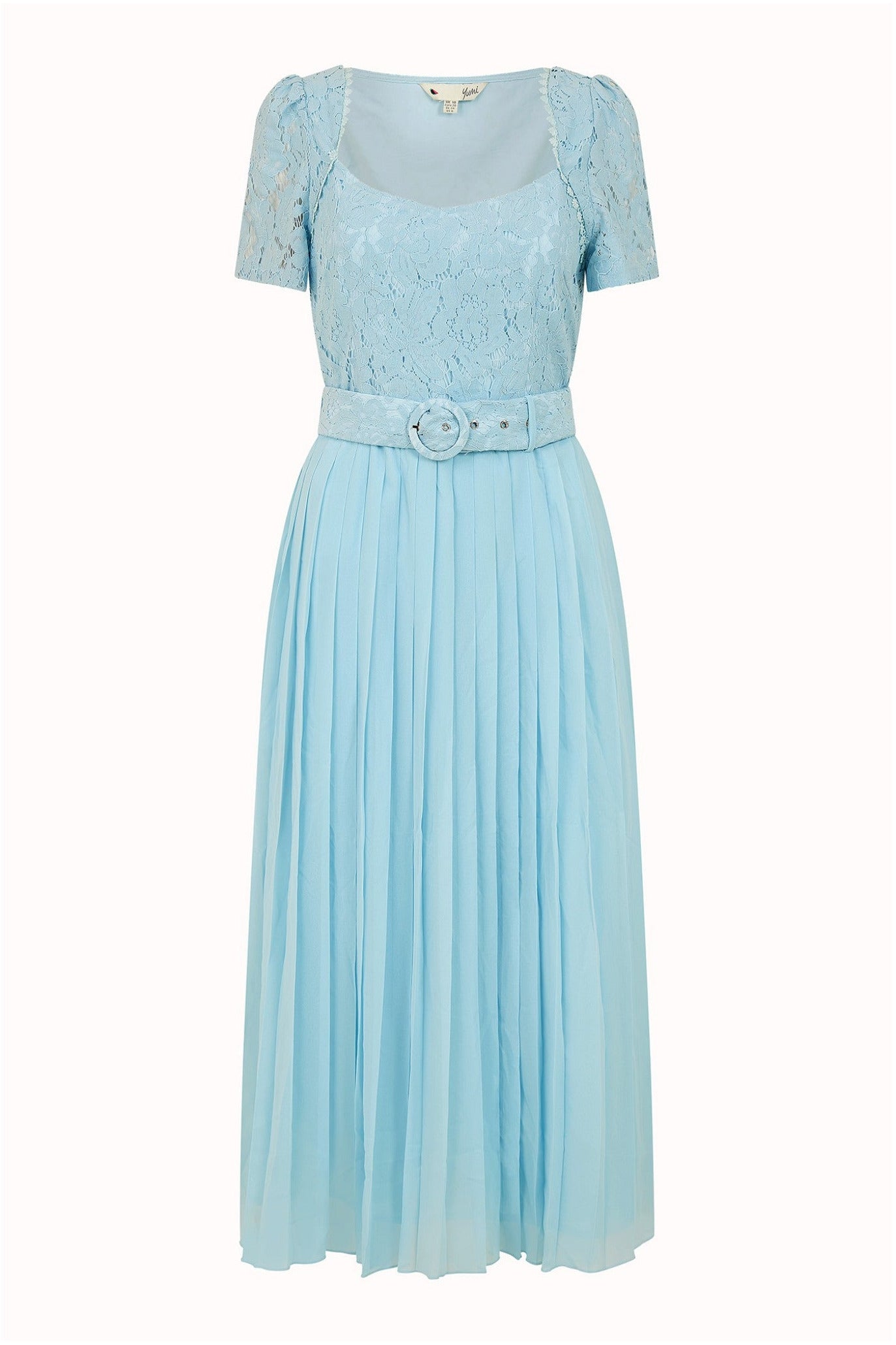 Blue Lace Dress With Pleated Skirt and Belt Yumi