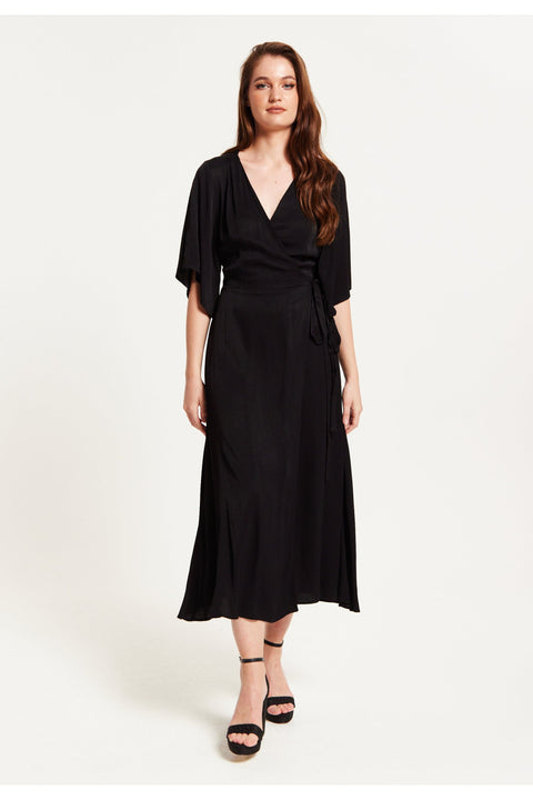 Liquorish Black Maxi Wrap Dress With Kimono Sleeves