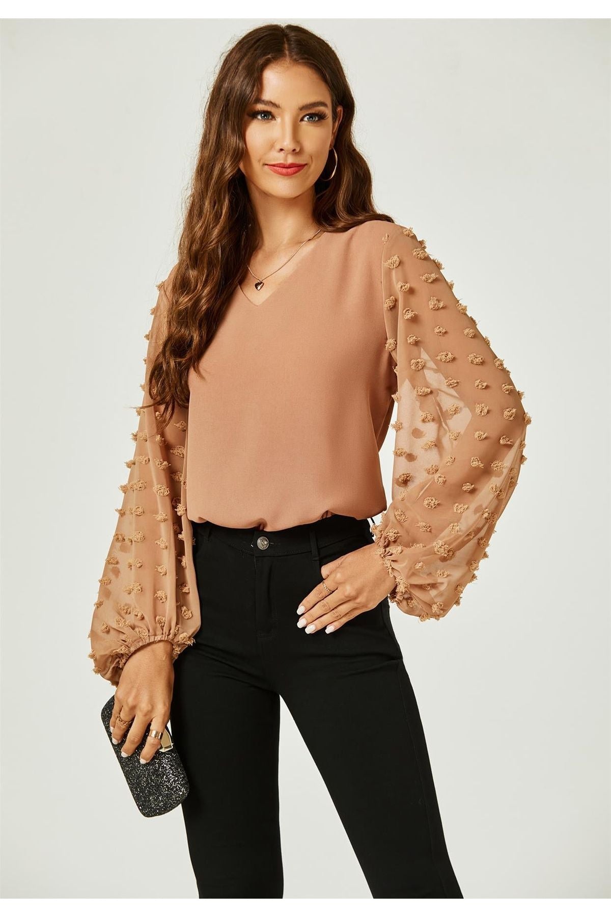Lace Long Sleeve V Neck Top Blouse In Camel FS502