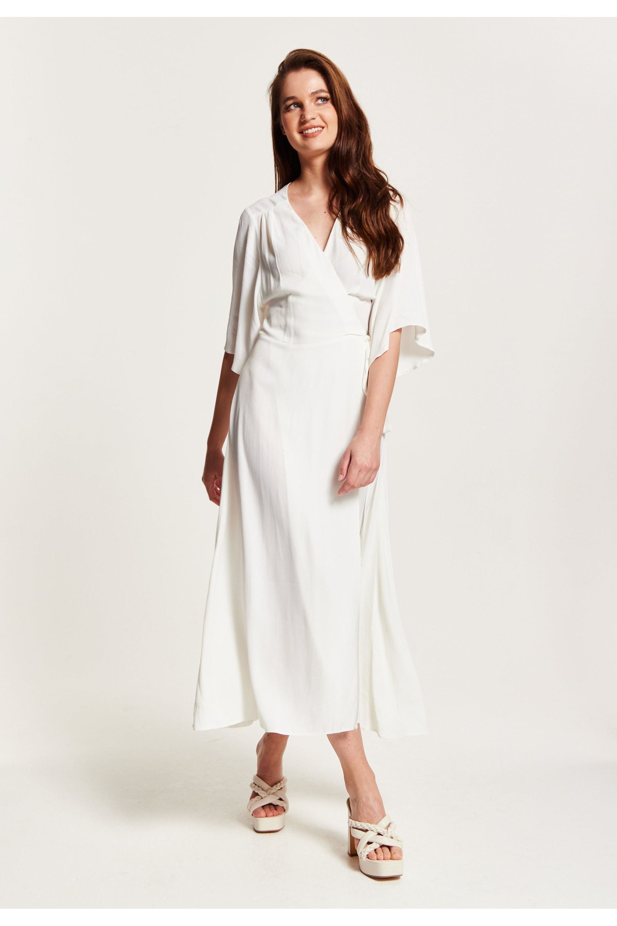 Midi Wrap Dress With Kimono Sleeves In White LIQKMWH001