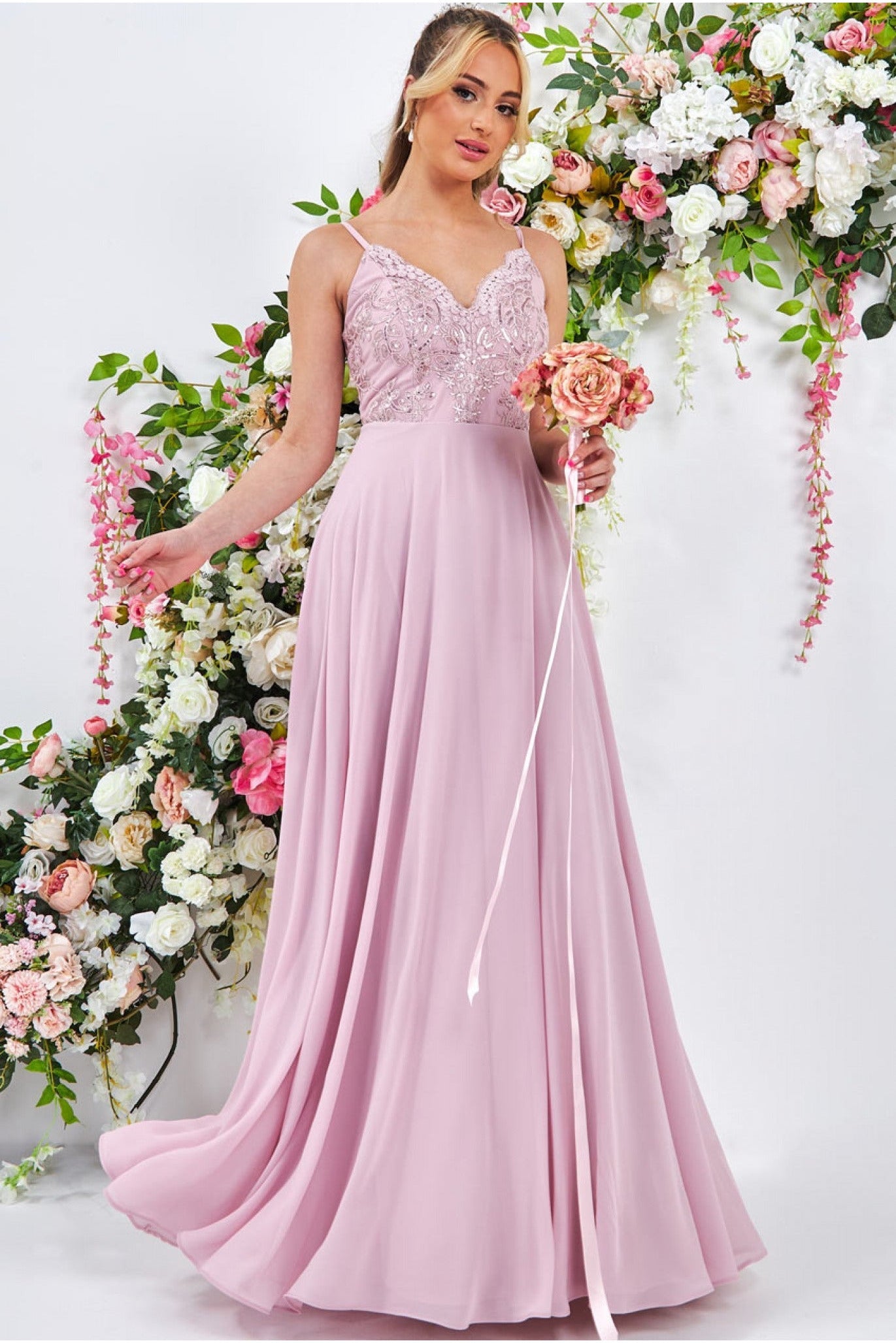 Scallop Lace Chiffon Maxi Dress - Blush DR3397