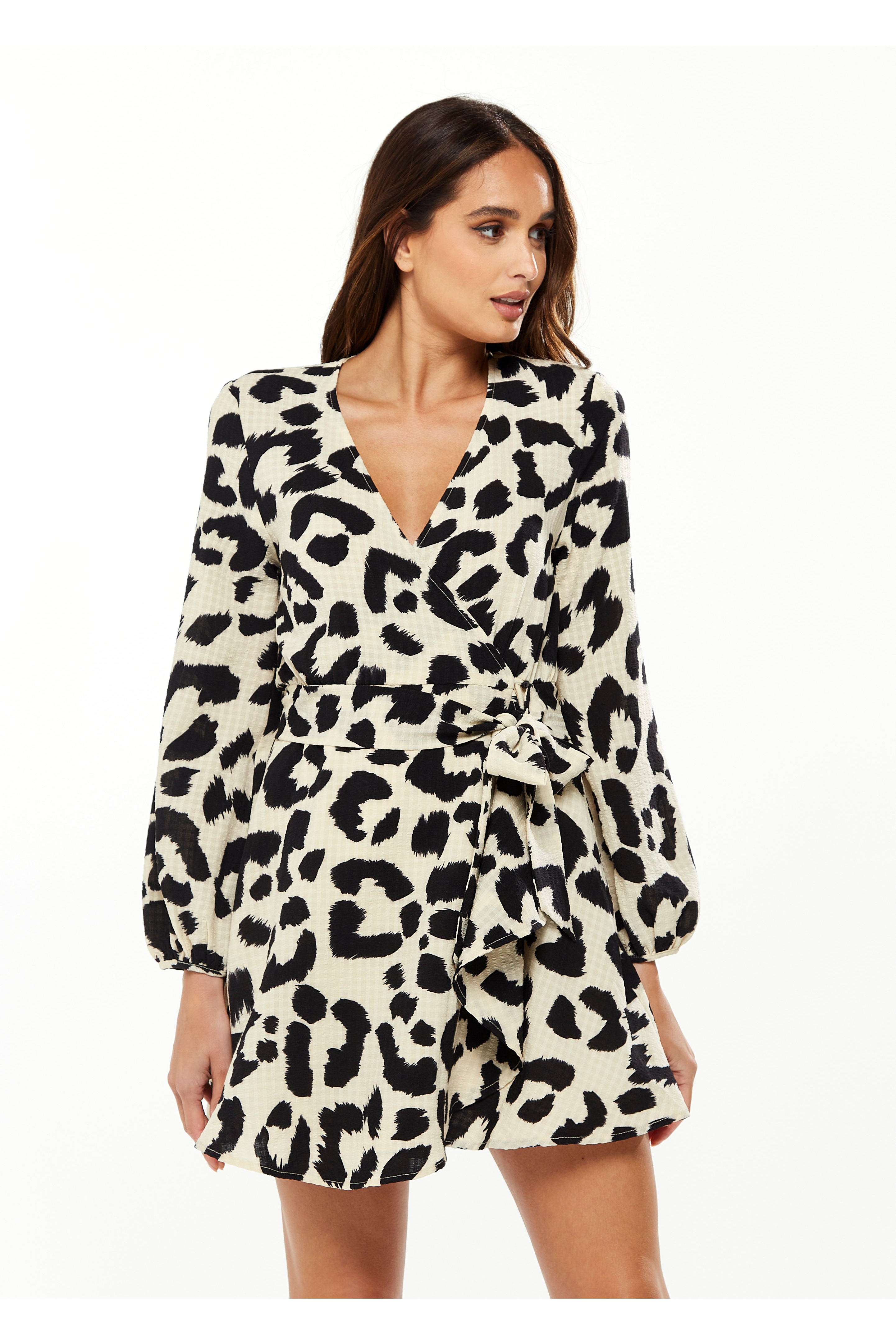 Animal Print Mini Wrap Dress With Long Sleeves C9-219W-1-5652W