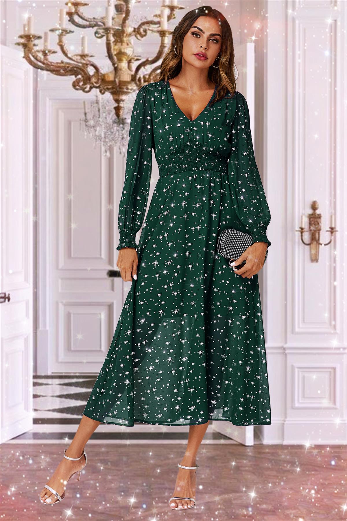Silver Star Foil Long Sleeve Maxi Dress In Green FS629-GreenStar