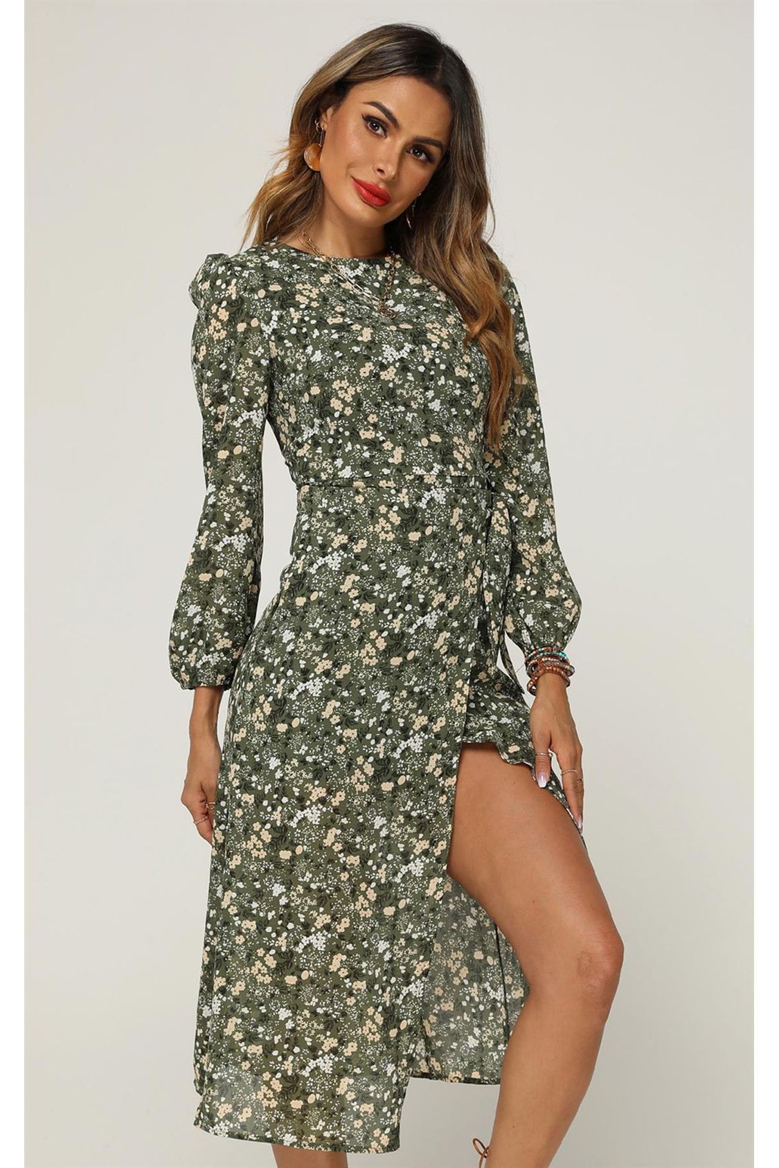 Long Sleeve Split Leg Dress In Green Floral Print FS128