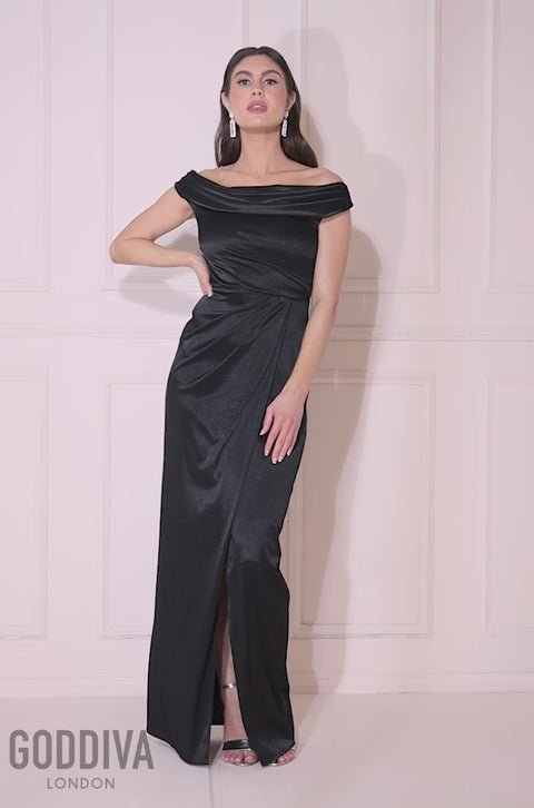 Goddiva Cowl Bardot Satin Twill Maxi Dress - Black