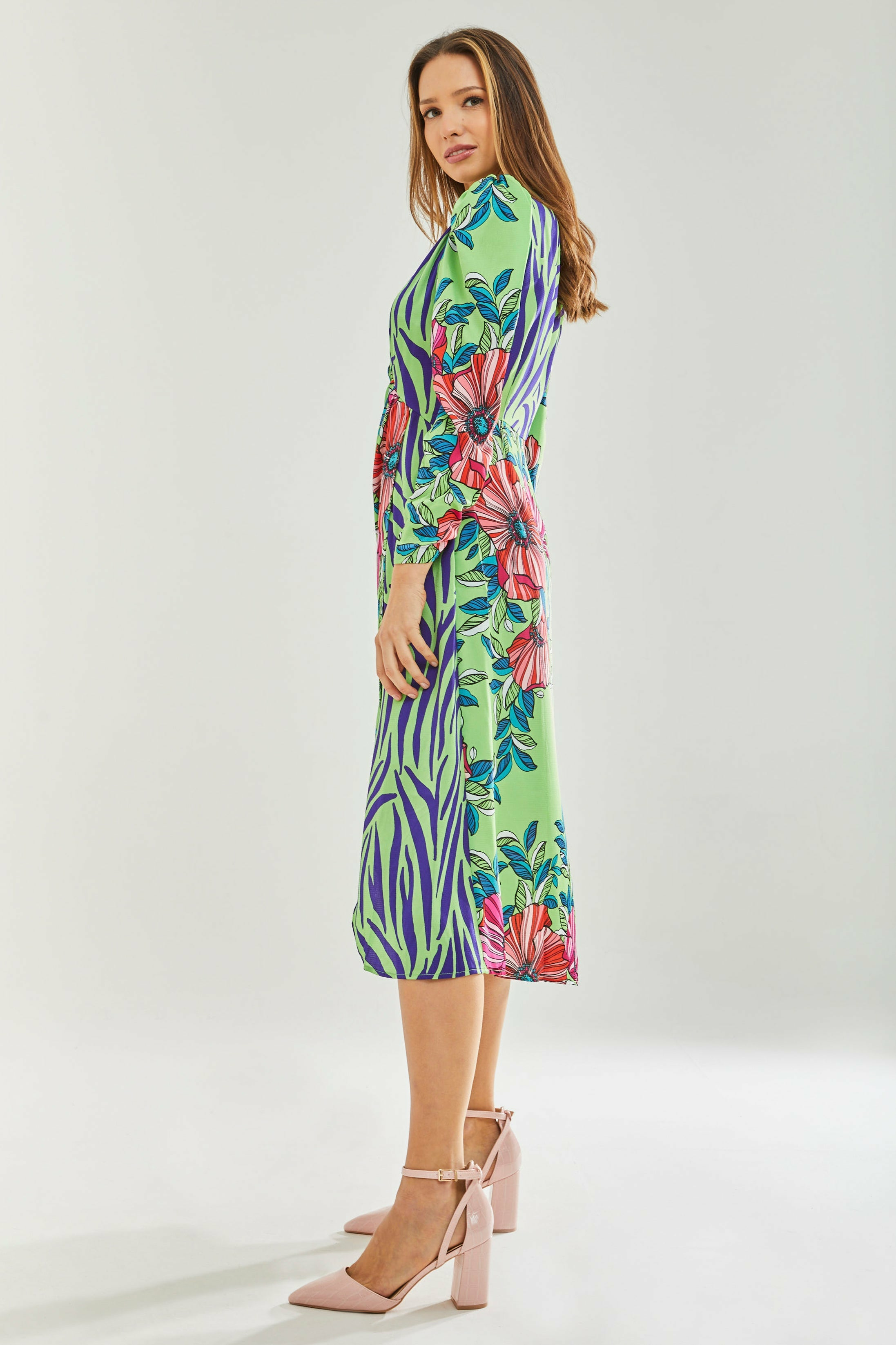 Floral Animal Contrast Print Waist Wrap Midi Dress JEN30206G