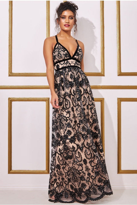 Open Back Sequin & Mesh Maxi Dress - Black DR3213