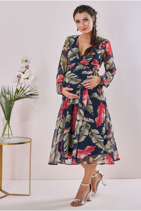 Maternity Printed Wrap Midi Navy DR3558MAT