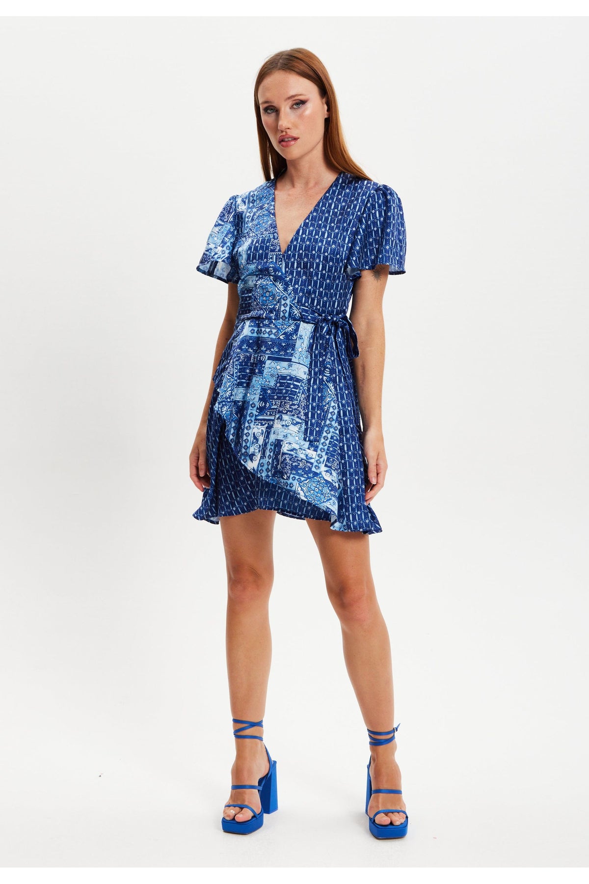 Scarf Print Angel Sleeve Wrap Mini Dress G1-MSL027