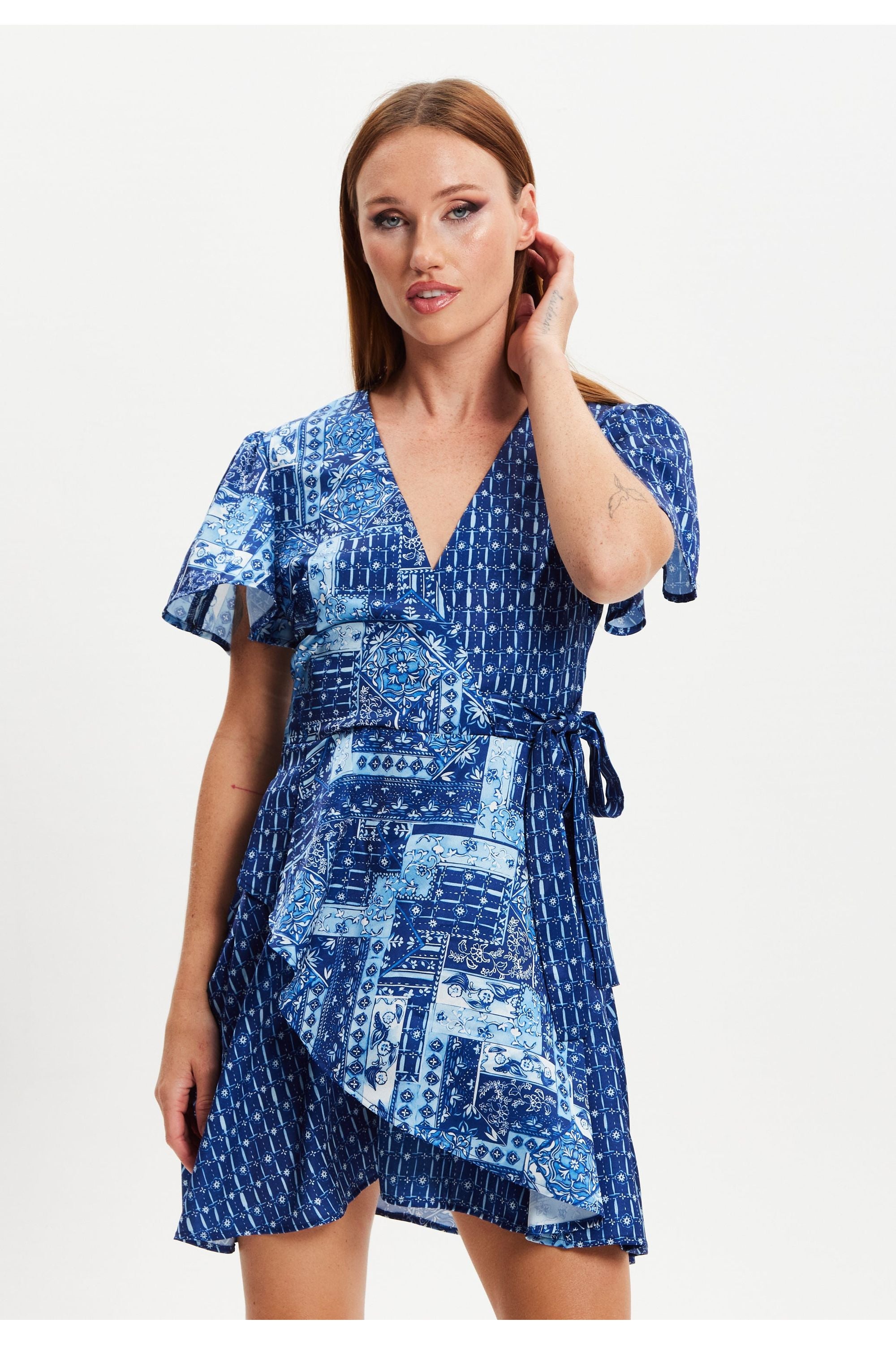 Scarf Print Angel Sleeve Wrap Mini Dress G1-MSL027