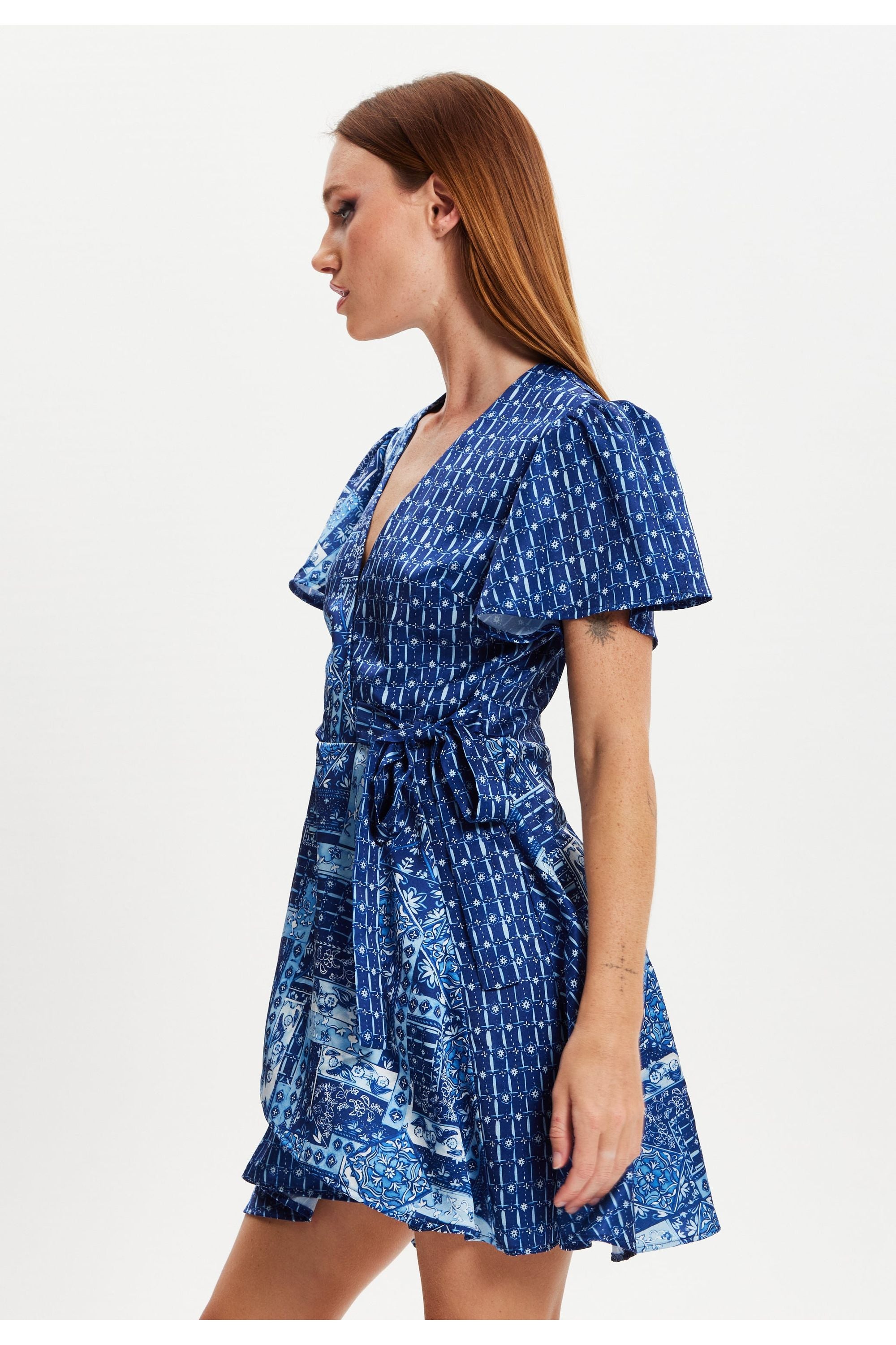 Scarf Print Angel Sleeve Wrap Mini Dress G1-MSL027