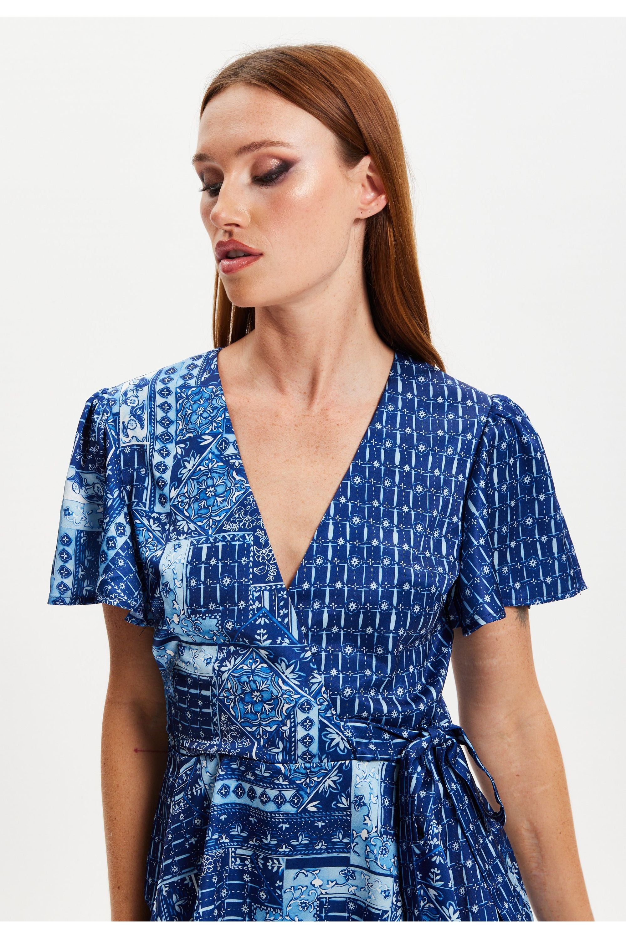 Scarf Print Angel Sleeve Wrap Mini Dress G1-MSL027