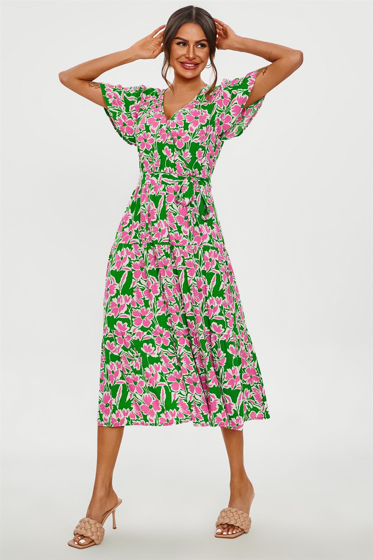 Pink Floral Print Hem Tiered Wrap Midi Dress In Green FS231-PinkF