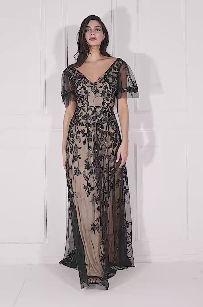 Flared Sleeve Embroidered Maxi Dress - Black