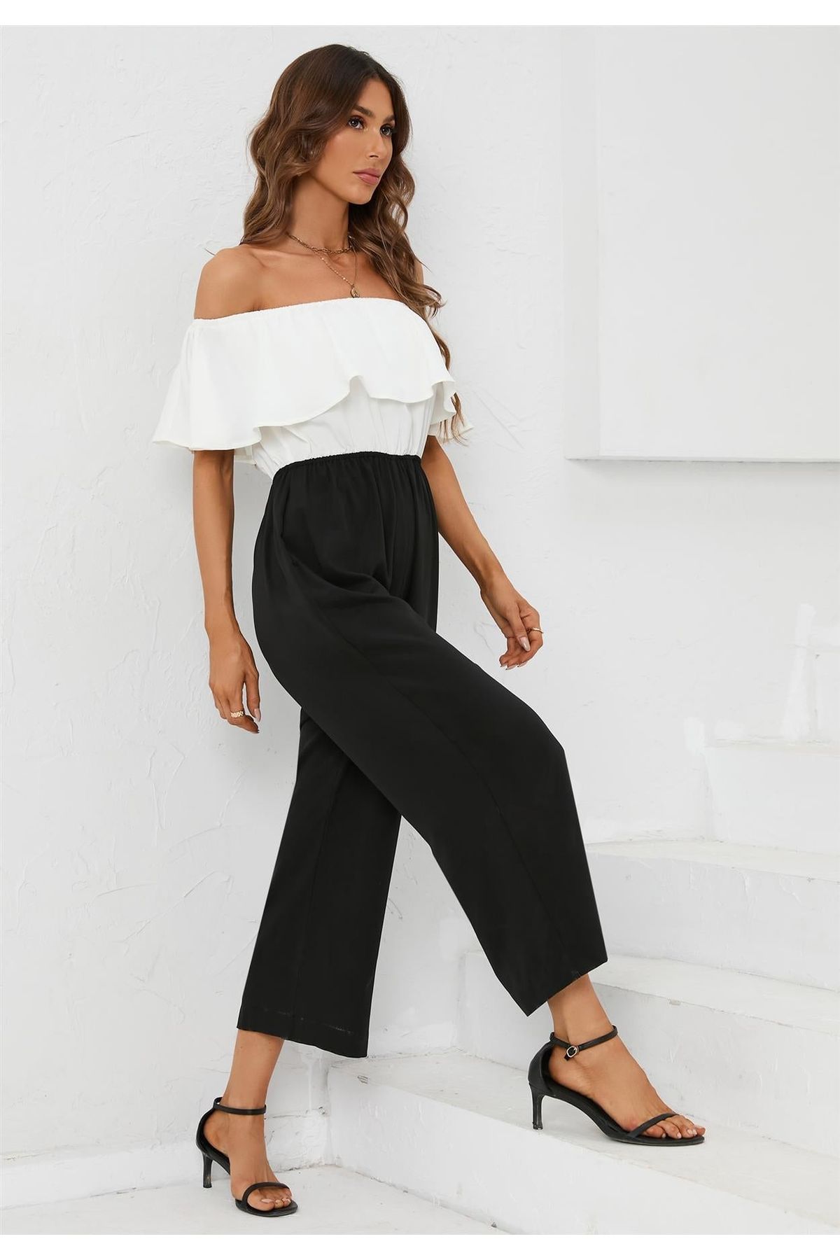Black Contrast Off The Shoulder Ruffle Jumpsuit In White FS543