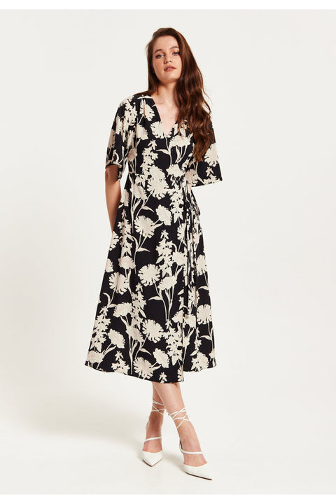 Floral Print Midi Wrap Dress With Kimono Sleeves by Liquorish