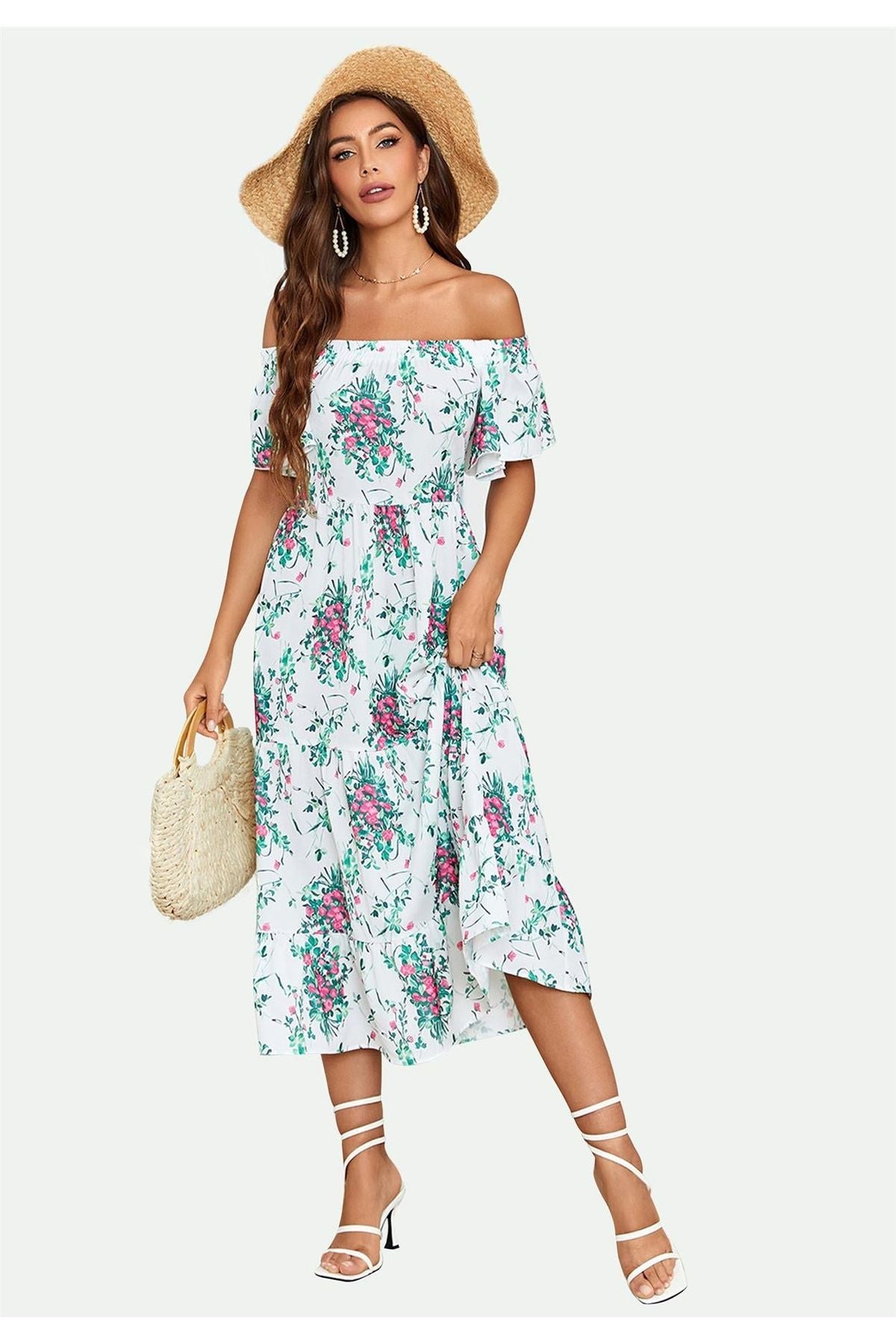 Floral Print Relaxed Bardot Midi Dress In White FS21165-PF