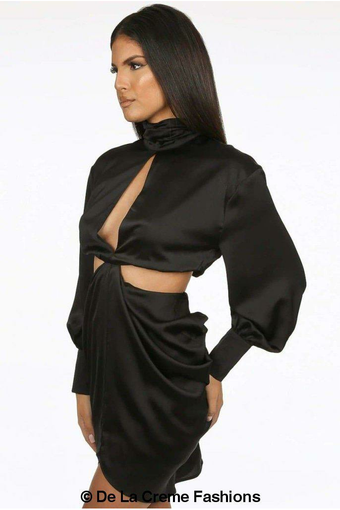 PLEATED HIGH NECK CUT OUT MINI DRESS De La Crème