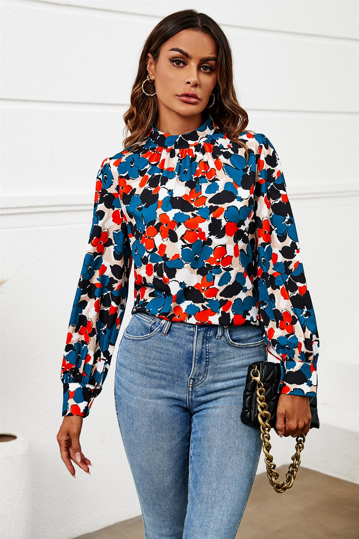 Floral Print Long Sleeve High Neck Top In Blue FS616