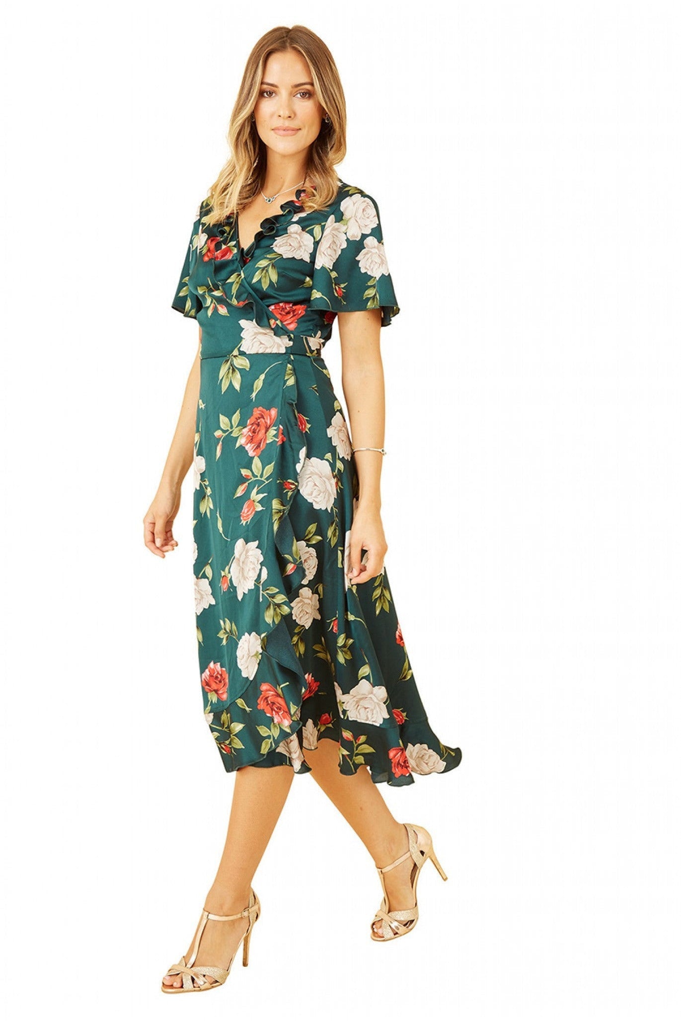 Green Satin Rose Print Wrap Dress YM3755009