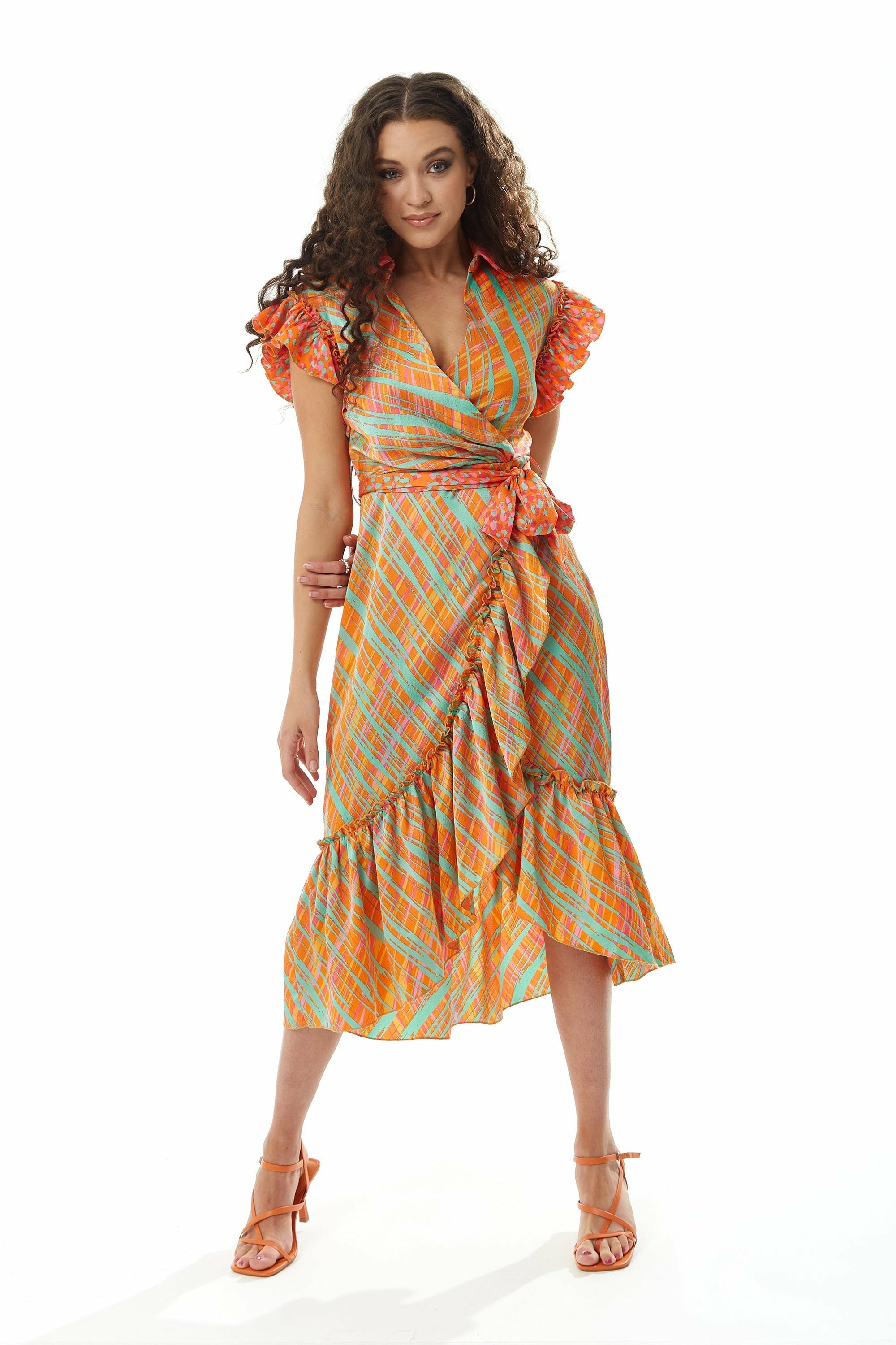 Orange Scribble Print Midi Wrap Dress With Frill D10-LIQ22SS027