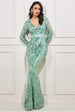 Goddiva Long Sleeve V Neck Sequin Maxi - Sage Green