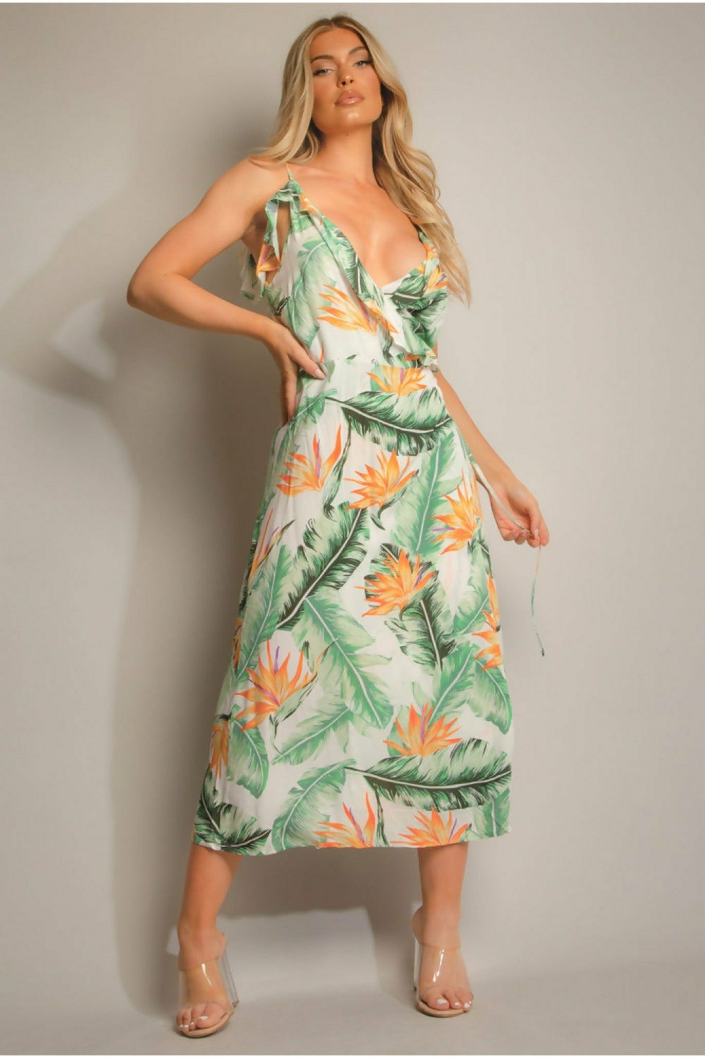 Green Tropical Print Wrap Midi Dress De La Creme Fashions