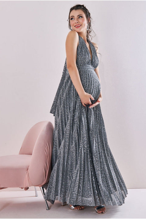 Maternity Halter Sequin Lurex Maxi Silver DR3686MAT