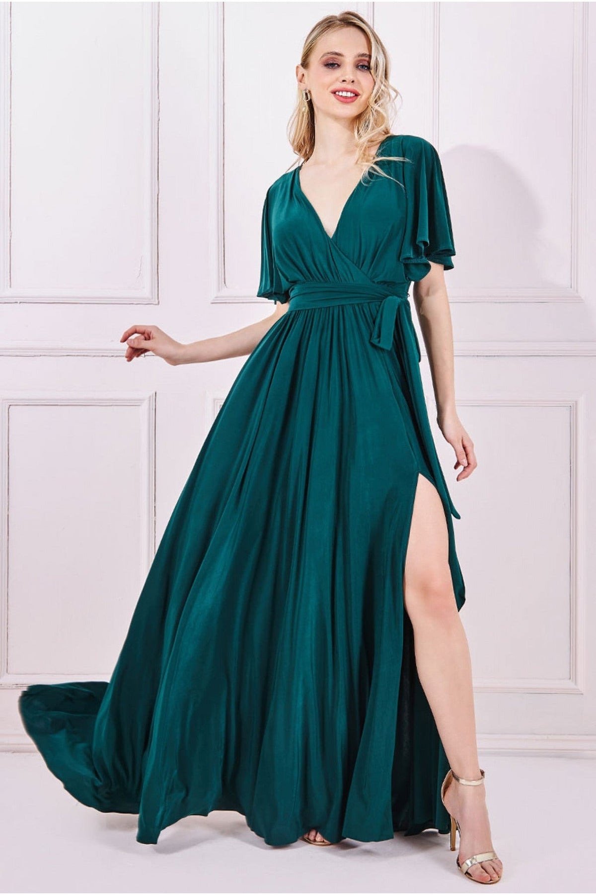 Wrap Front Maxi With Flutter Sleeves - Emerald Green DR2565B