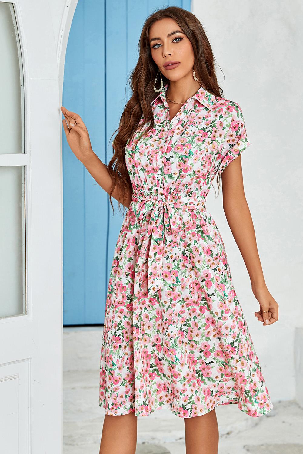 Floral Print Short Sleeve Shirt Midi Dress In Pink FS541-PF