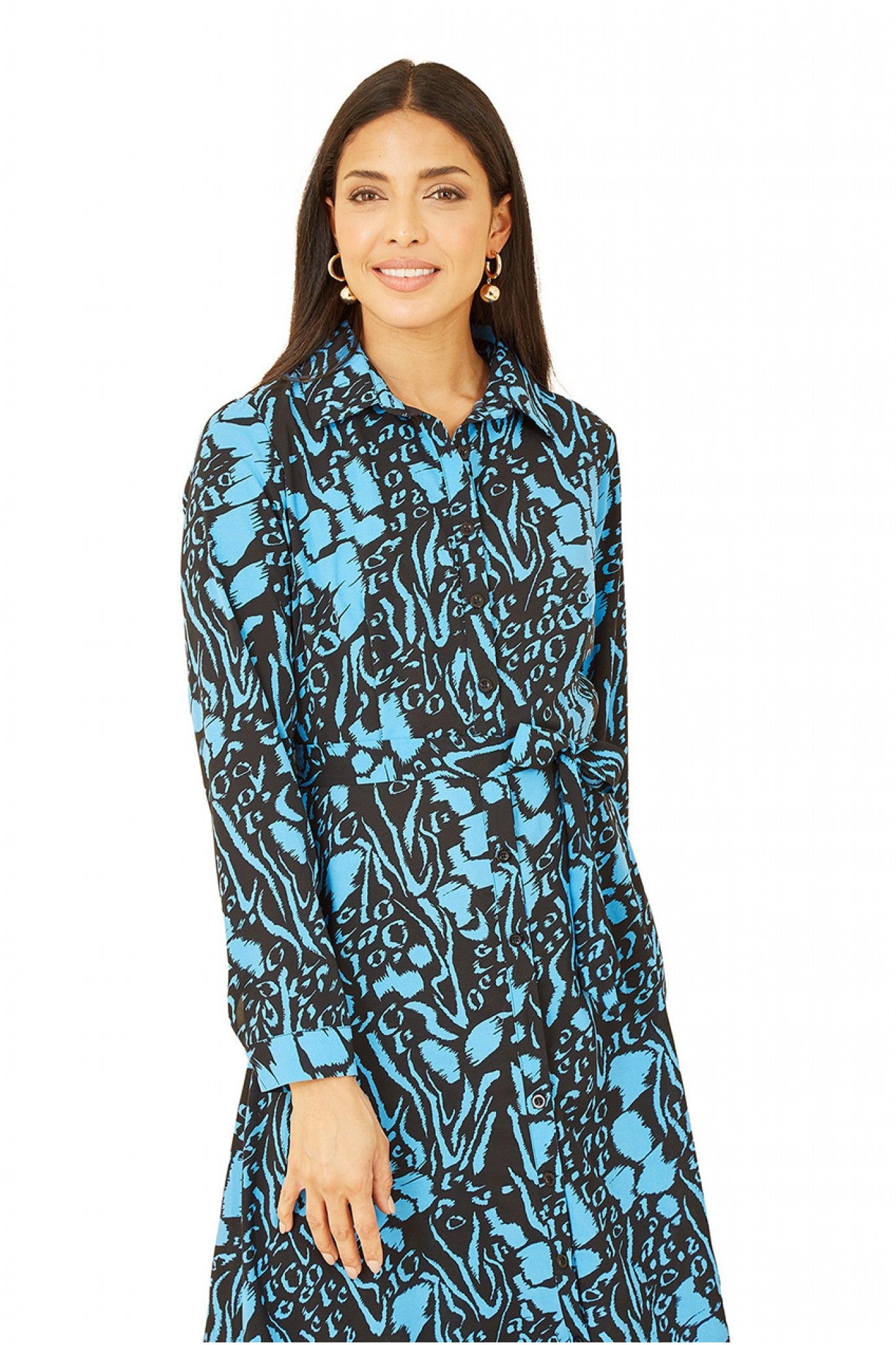 Blue Animal Print Long Sleeve Midi Shirt Dress ML7341003
