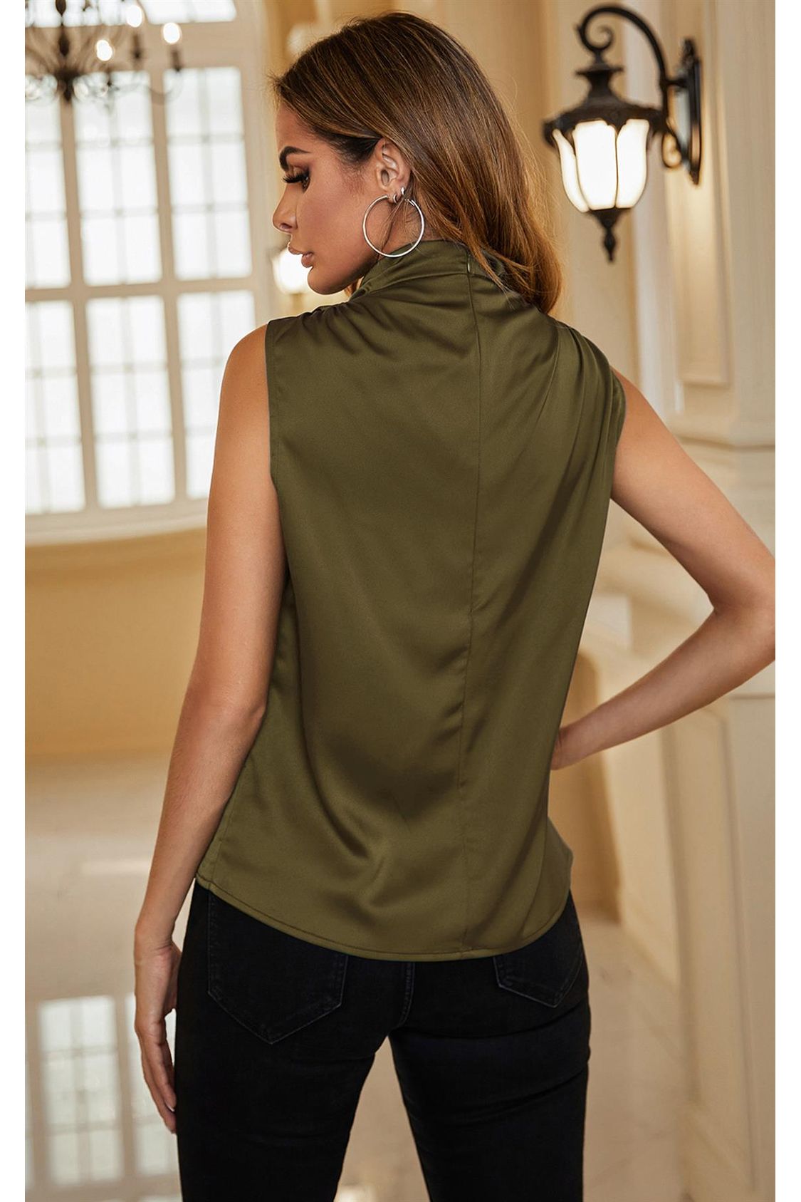 High Neck Sleeveless Blouse In Olive Green FST026-Olive