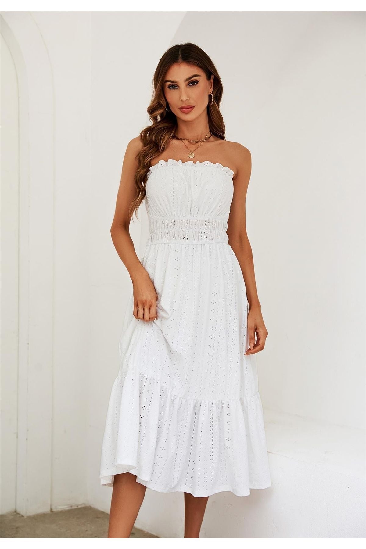 Embroidery Anglaise Midi Dress In White FS539